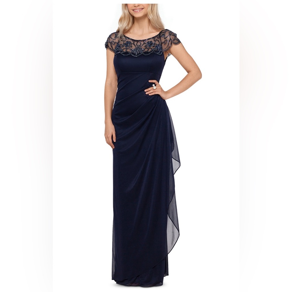 XSCAPE SIDE RUCHED BEADED FULL LENGTH GOWN